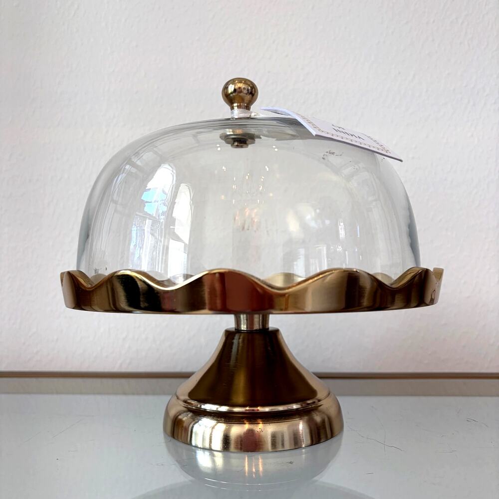 Gold Scalloped Dessert Stand w/ Glass Lid 8in Made in India NEW